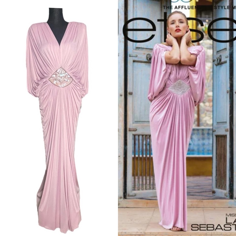 Vintage Tadashi Dress 1980s Pink Jersey Evening Gown W/ Beads Sequins & Draping